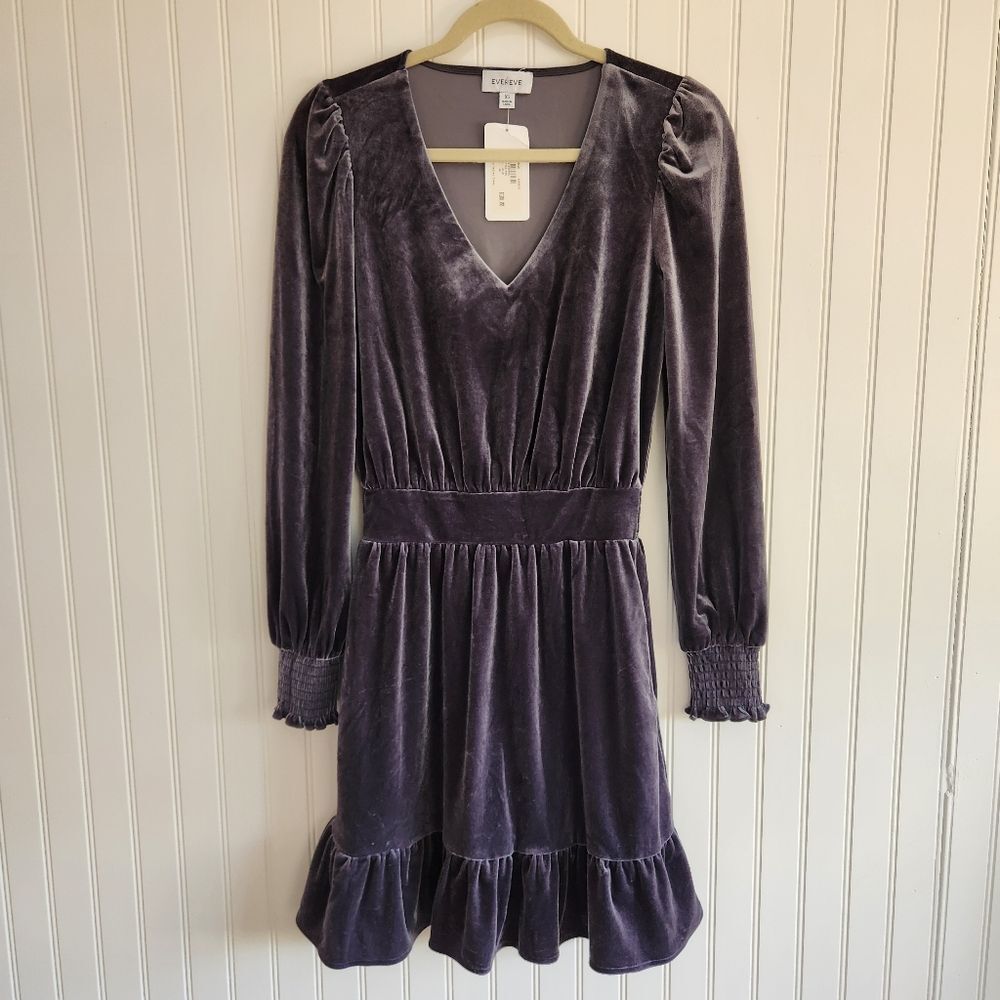 NEW EVEREVE Blue Gray 'Fiona' Velvet Ruffle Long Sleeve Mini Dress size XS - Picture 2 of 7